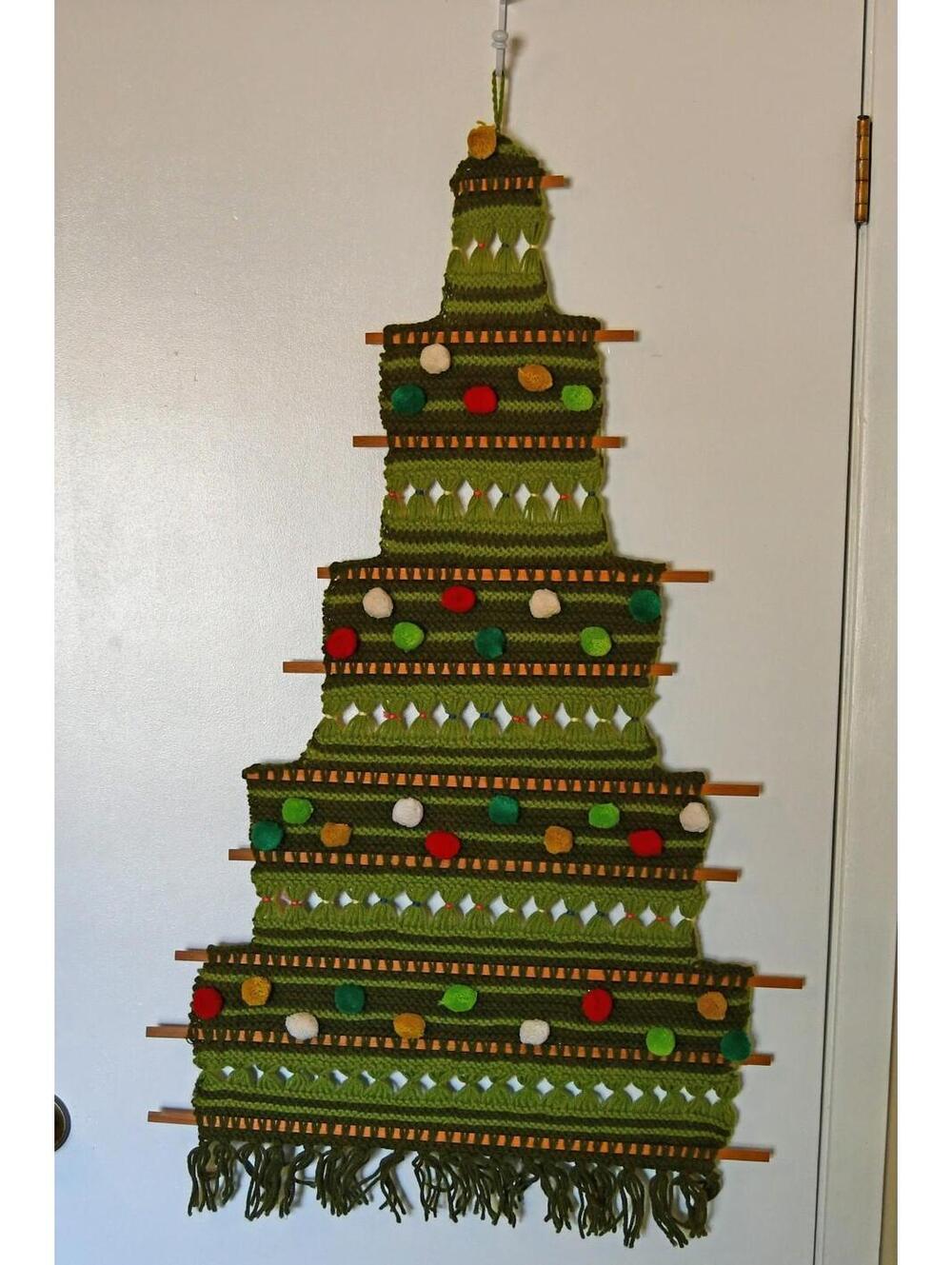 Macrame Christmas Tree Wall Hanging Fringe Pom Balls VTG 1970s Knitted MCM Retro
